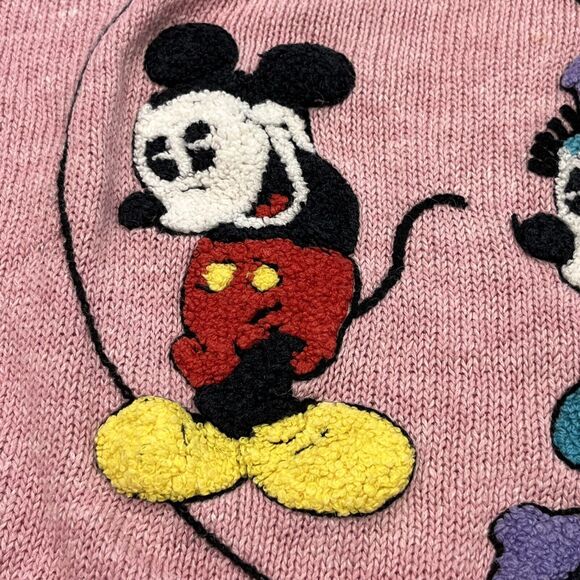 Sunday Comics Sweater M Vintage Mickey Minnie Flowers Short Sleeve Pink Textured - Picture 6 of 9